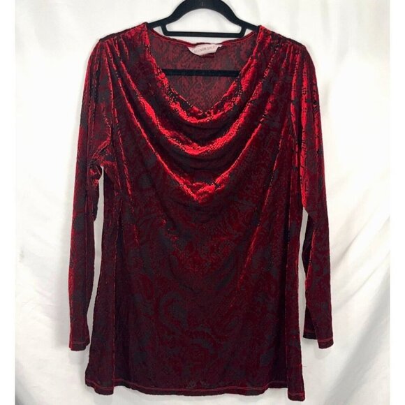Alison Daley Red Velvet and Black Mesh Fairygoth Holiday Blouse Womens Size L - Picture 1 of 8